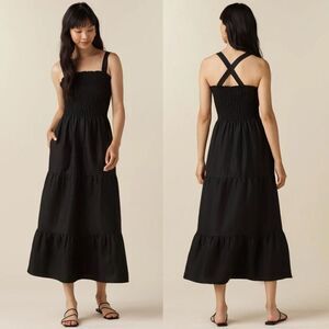 Vetta Women's Size S Black Linen The Smocked Tiered Midi Dress Boho Resort Beach